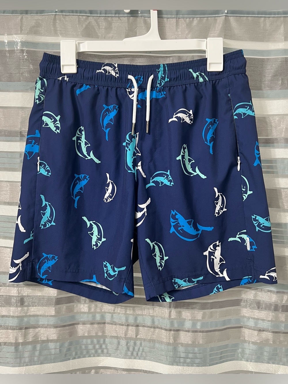maamgic Navy Shark/Fish Print Swim Trunks with Compression Lining